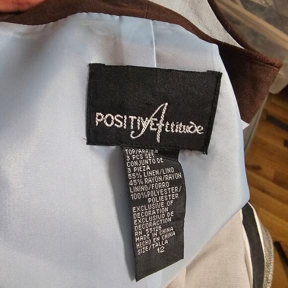 Positive Attitude 2pc Baby Blue Tank Top Linen Jacket Brown Embroi Beaded Flower - Picture 8 of 15